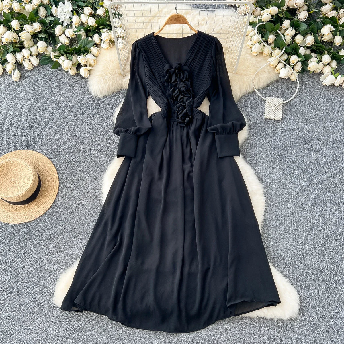 3D Floral V-Neck Lantern Sleeve Dress