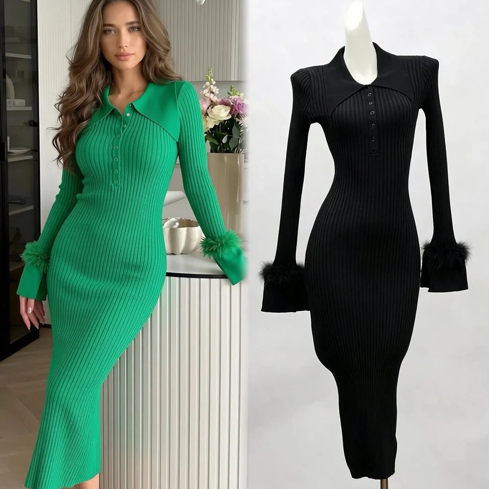 Collared Knit Bodycon Maxi Shirt Dress