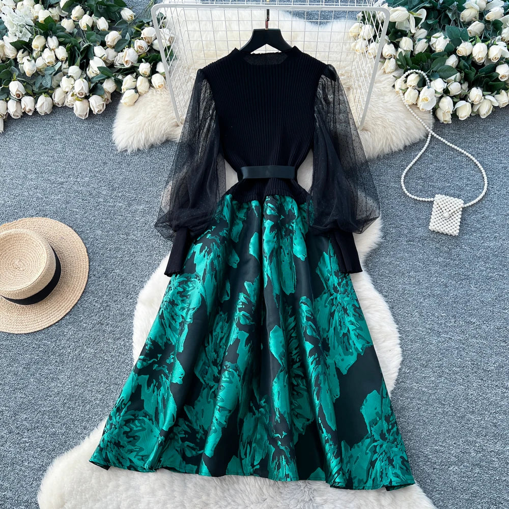 Mesh Layered Look Long Sleeve Party Dress