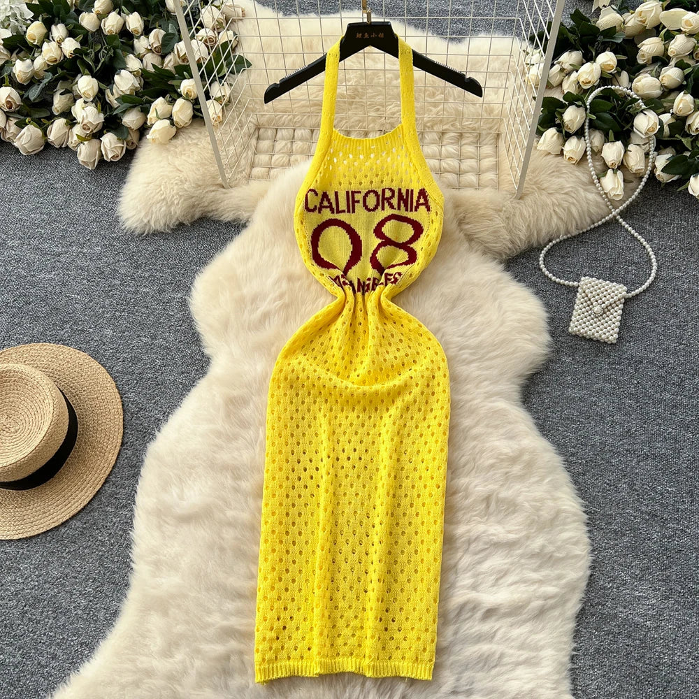 Letter Print Halter Knit Beach Dress