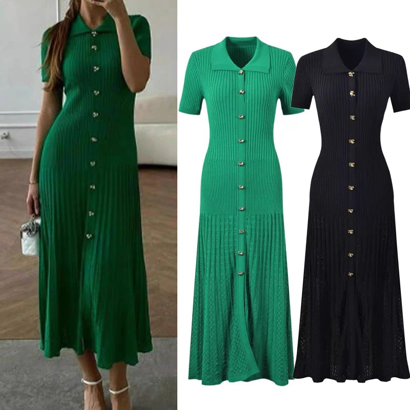 Turn-Down Collar Knit Maxi Office Dress