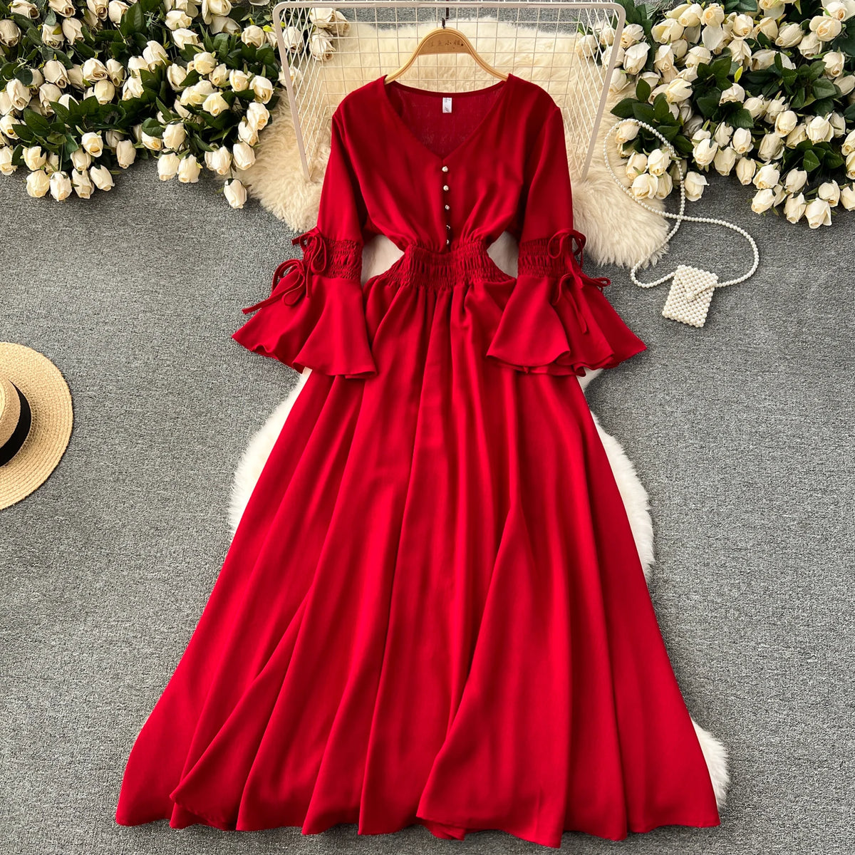 Belted Print Flare Sleeve A-Line Dress