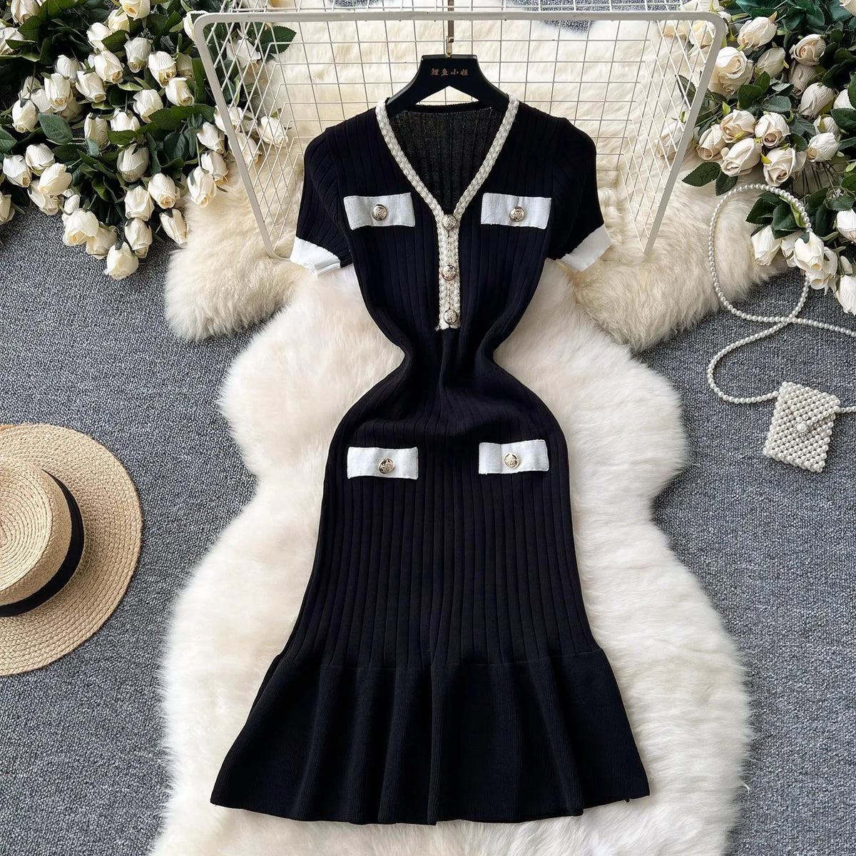 Buttoned Rib Knit Mermaid Party Dress