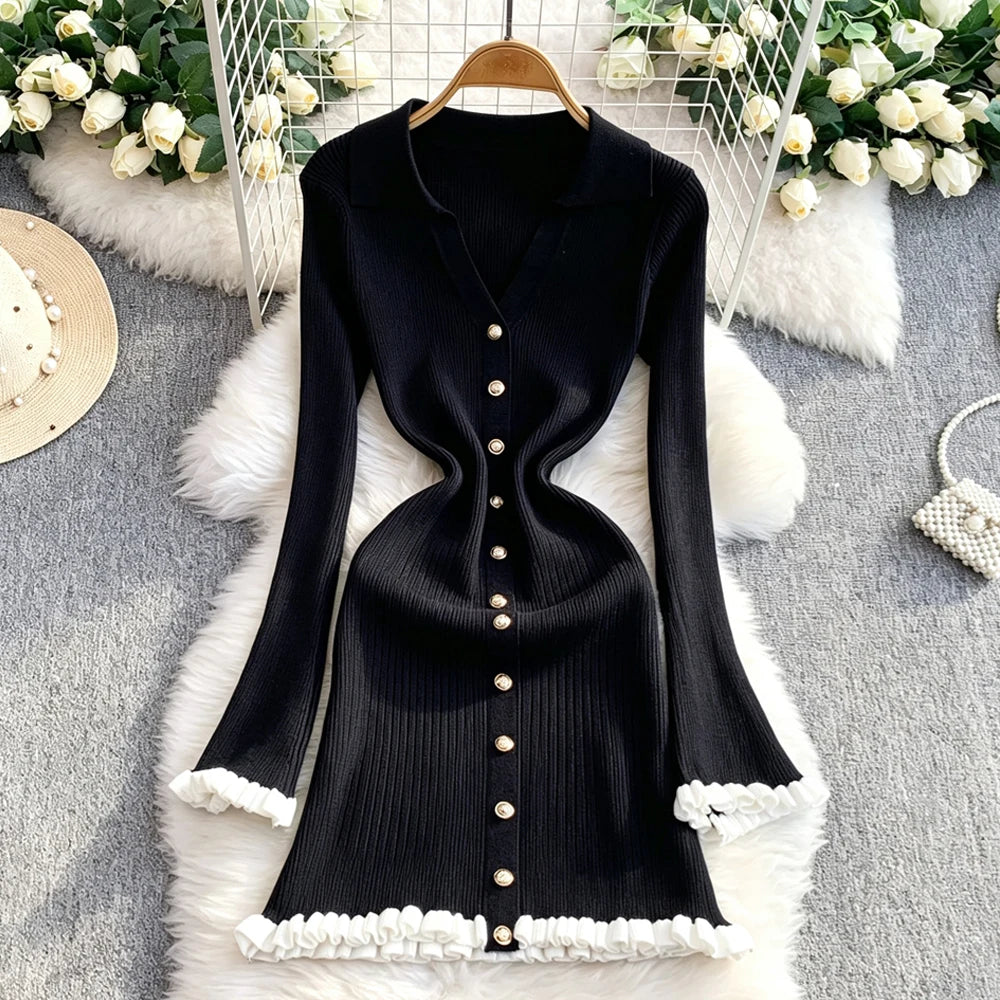 Ribbed Flare Sleeve Ruffle Hem Mini Dress