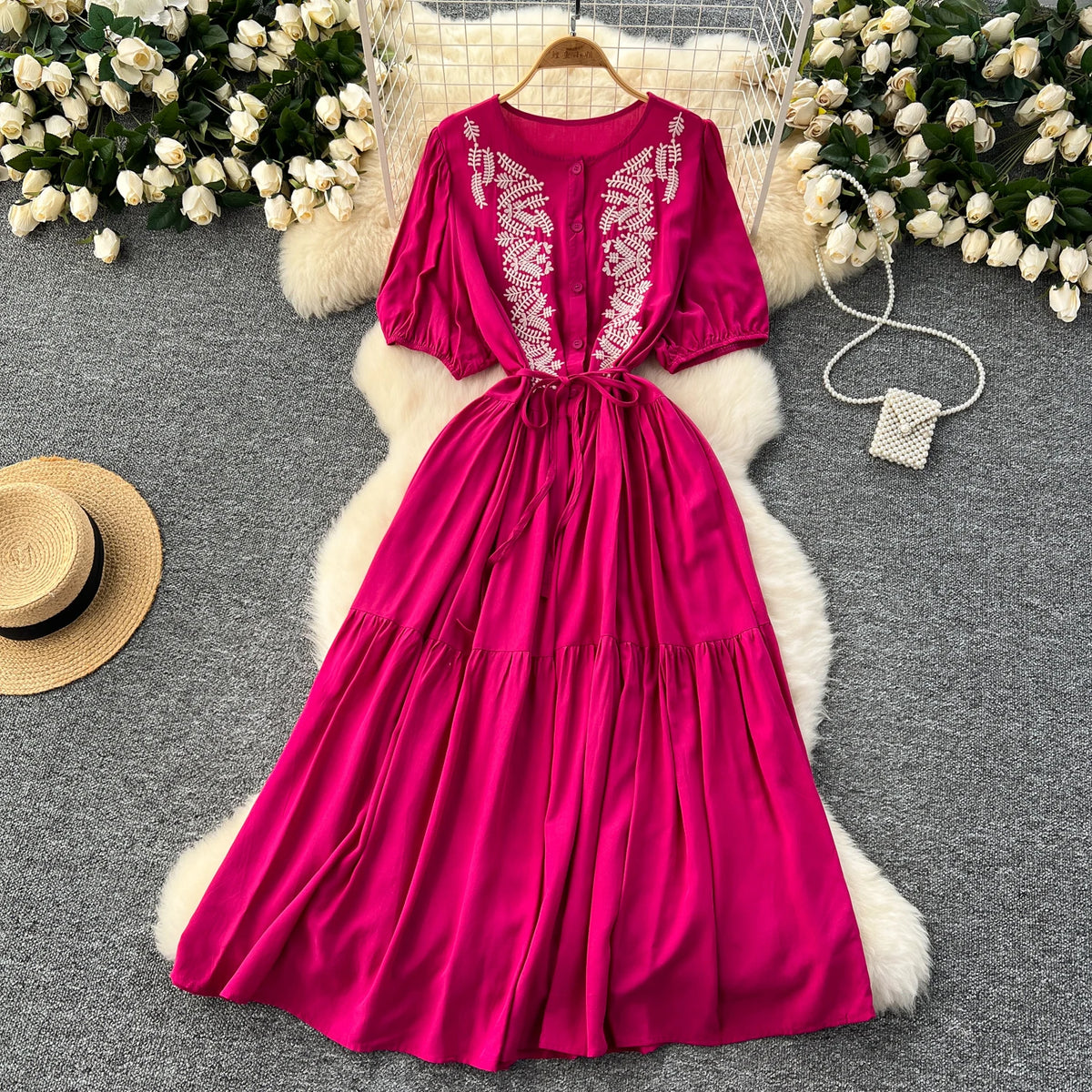 Embroidered Puff Sleeve Crew Neck Dress