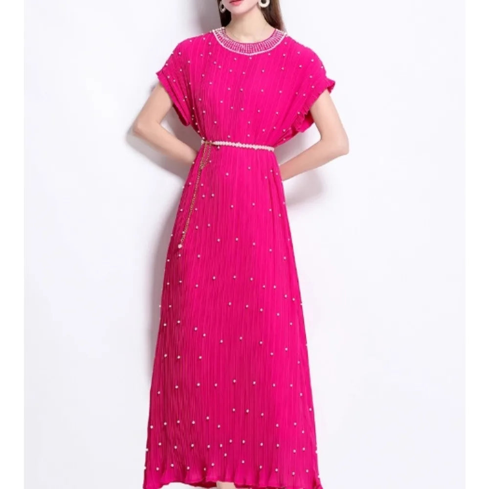 Beaded Mesh Ruched Short Sleeve Dress