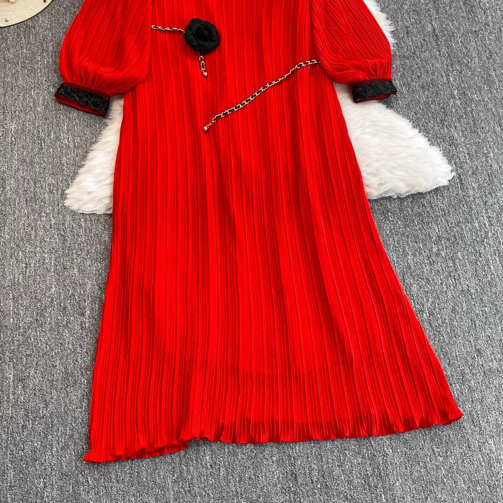 Rhinestone Lace-Up Lantern Sleeve Dress