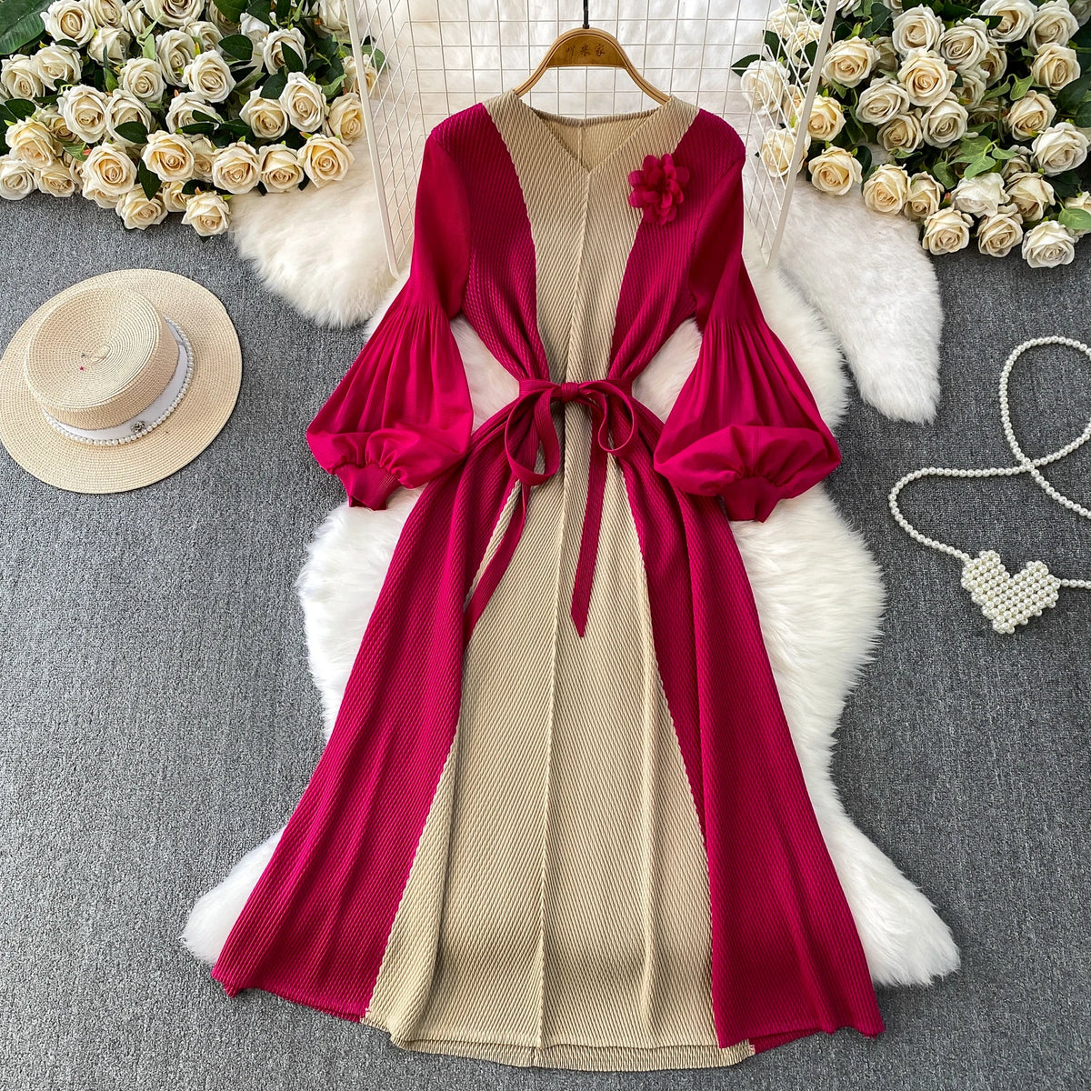 Patchwork Long Sleeve A-Line Office Dress
