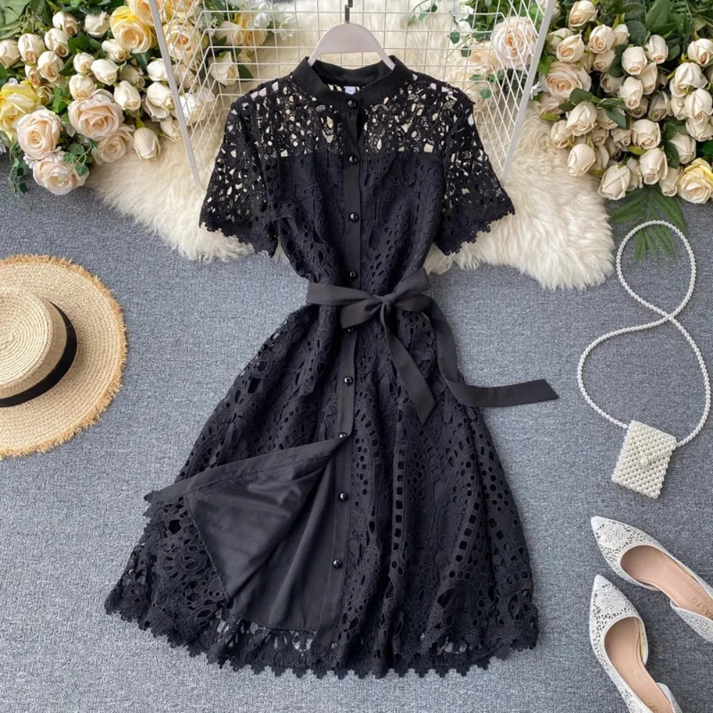 French Lace Cutout Short Sleeve Dress