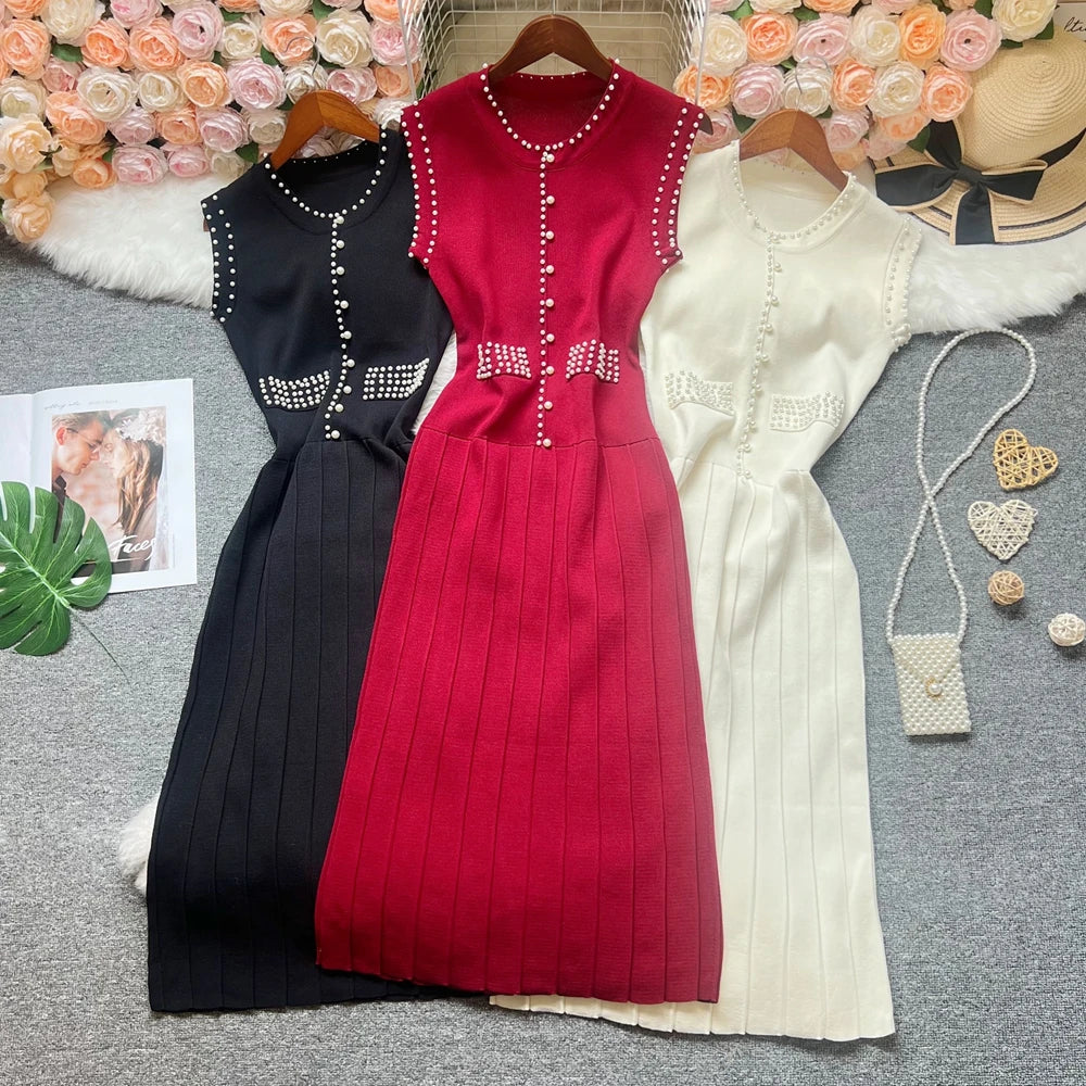 Pearl Pleated Knit Maxi Dress