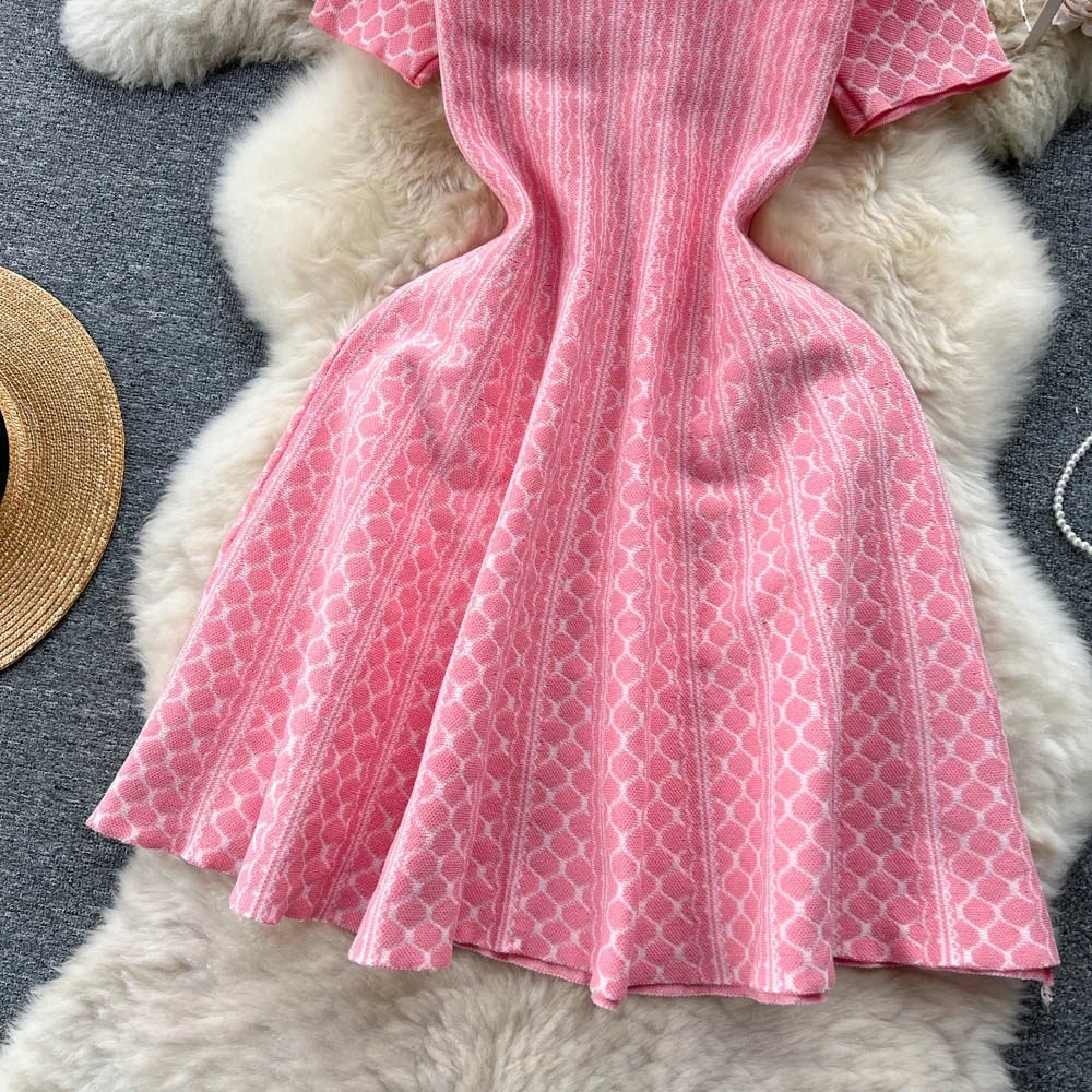 Pink V-Neck Knit A-Line Mini Dress