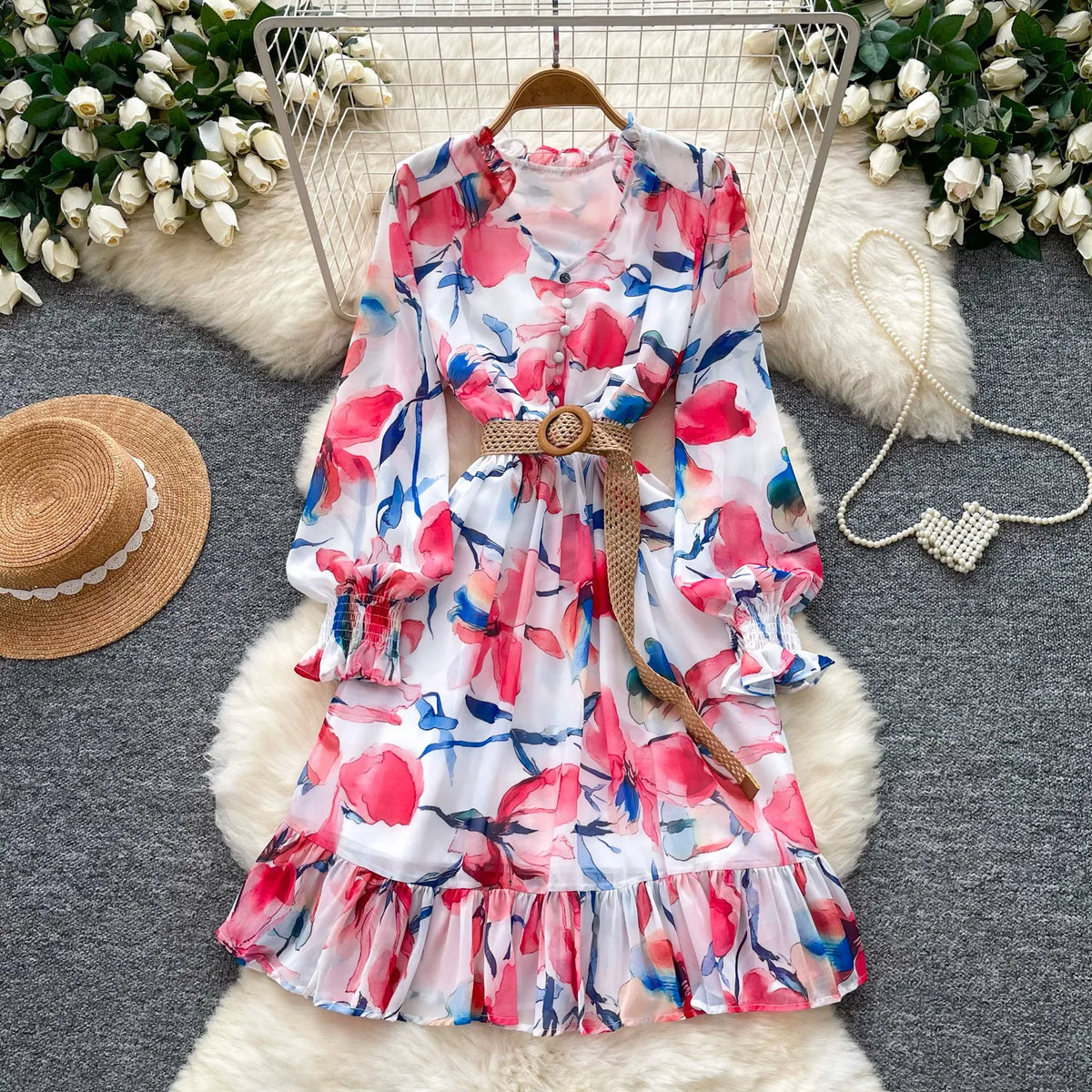 Print Chiffon Lantern Sleeve Midi Dress