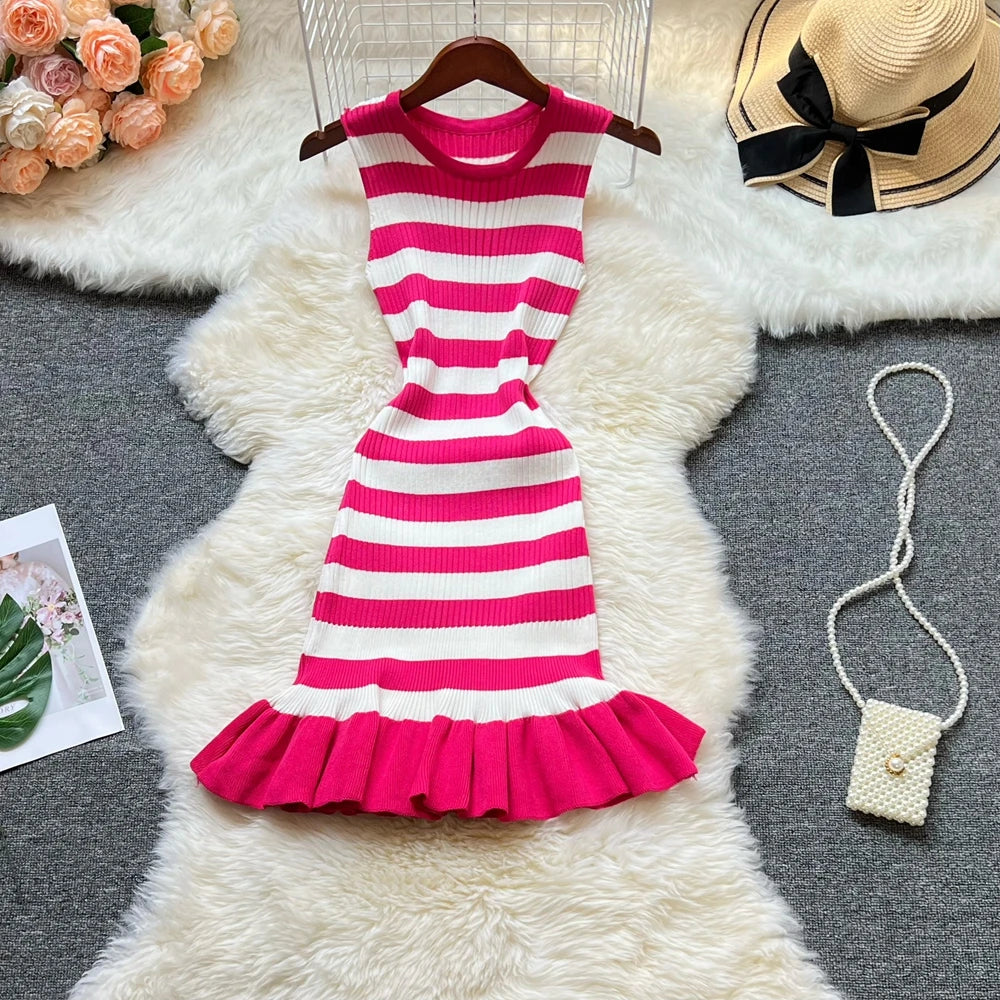 Striped Ruffled Knit Mini Party Dress