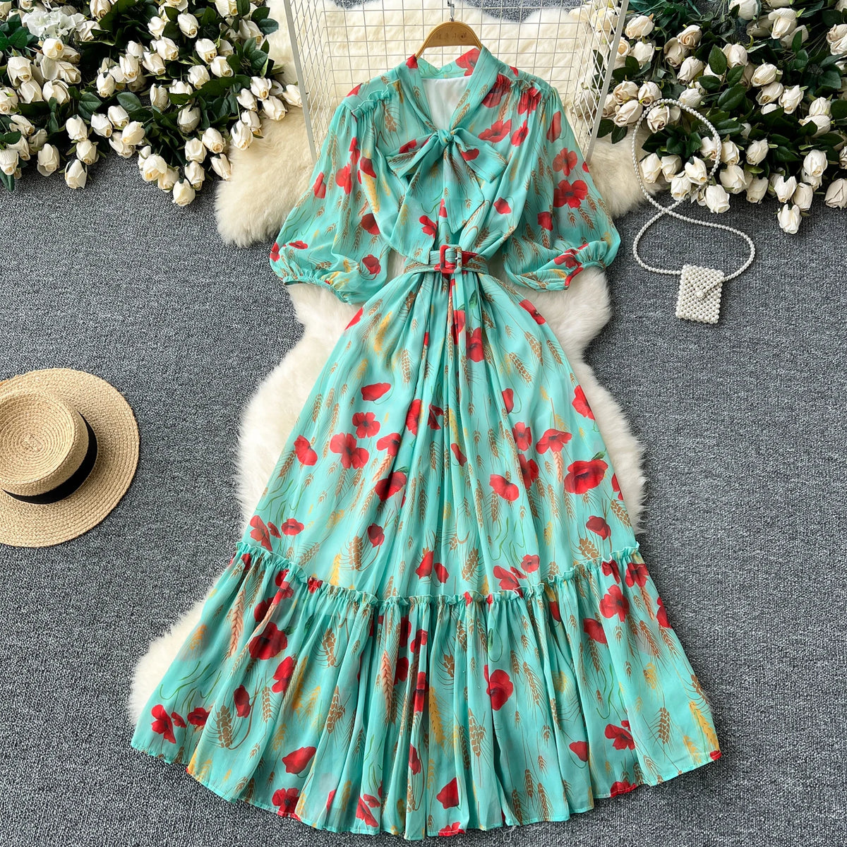 Vintage Print Bow Puff Sleeve Ruffle Dress