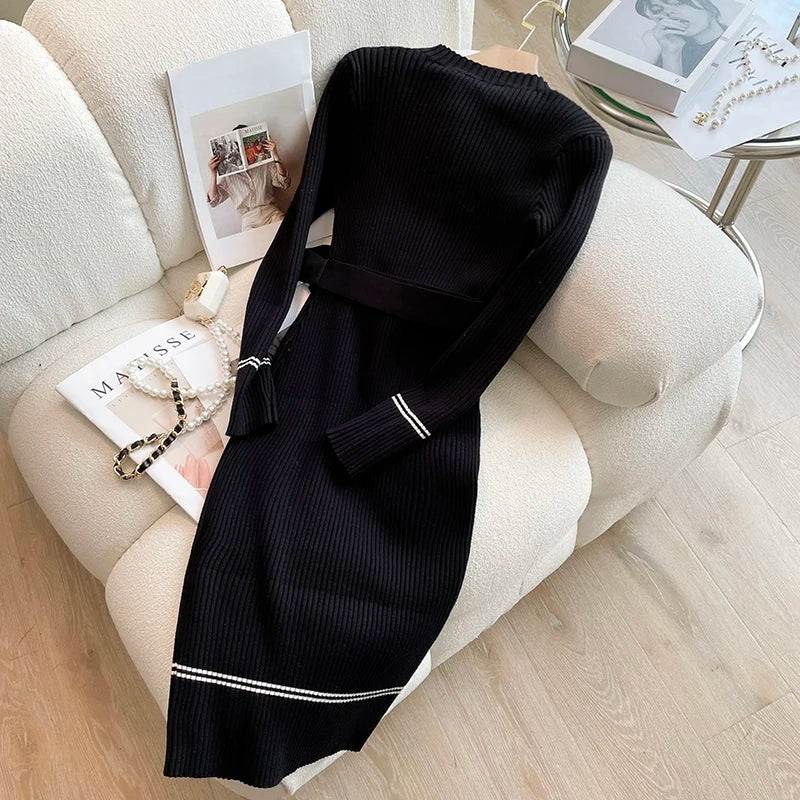 Belted Button Knit Bodycon Sweater Dress