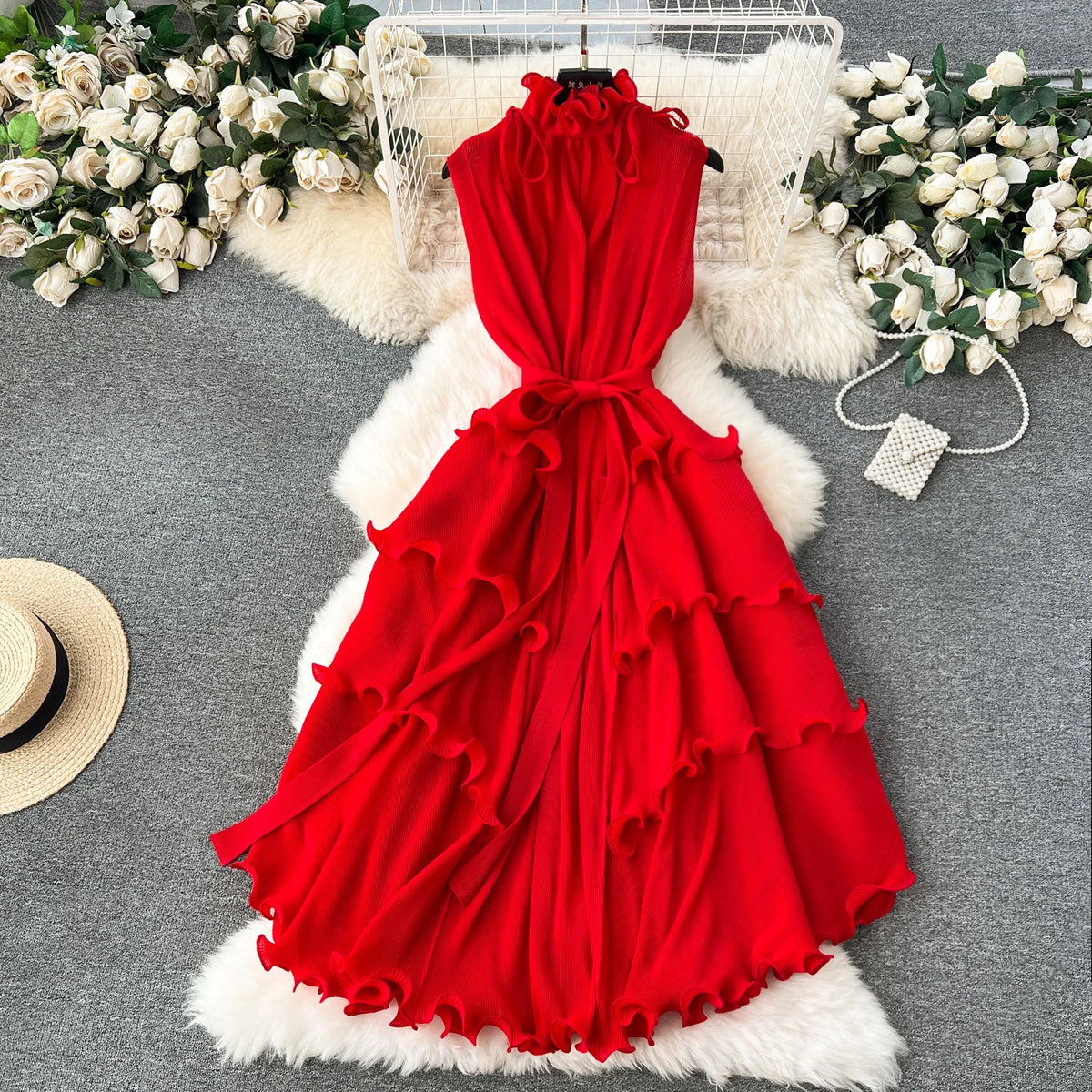 Ruffle Trim Stand Collar Chiffon Long Dress
