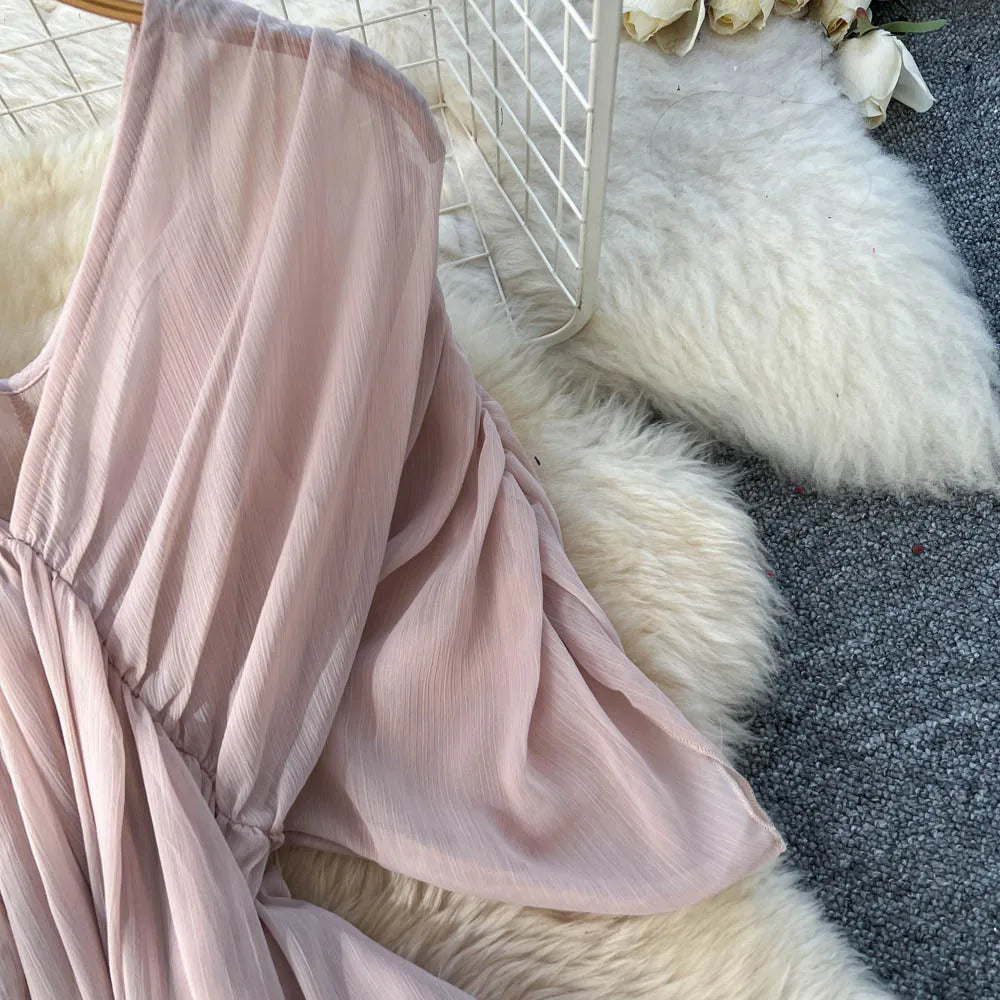 Solid Ruched Chiffon V-Neck Boho Dress