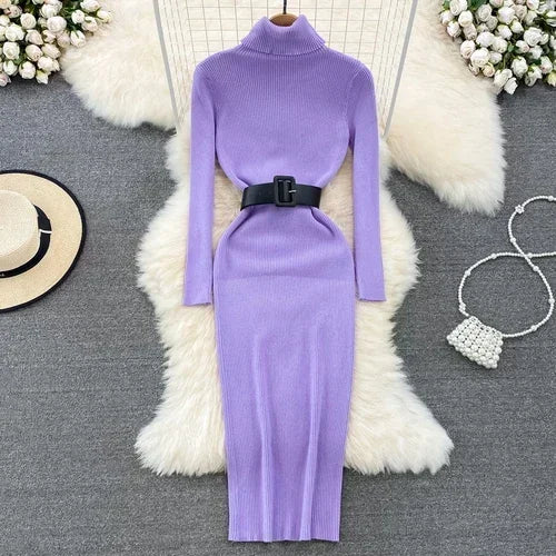 Belted Turtleneck Knit Pencil Dress