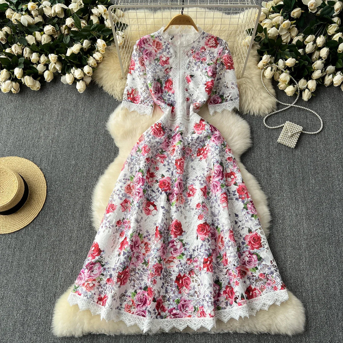 French Lace Patchwork Print Maxi Dress