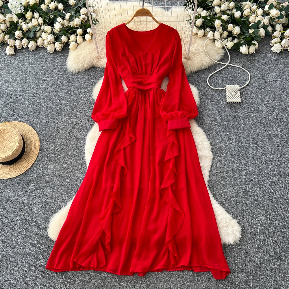 Ruched Chiffon V-Neck Long Sleeve Dress
