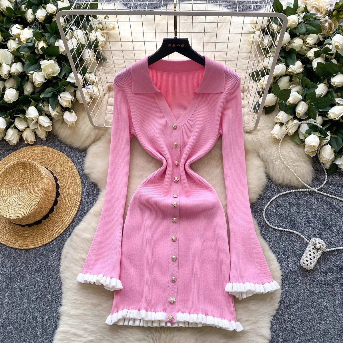 Long Sleeve Ruffled Knit Wrap Mini Dress