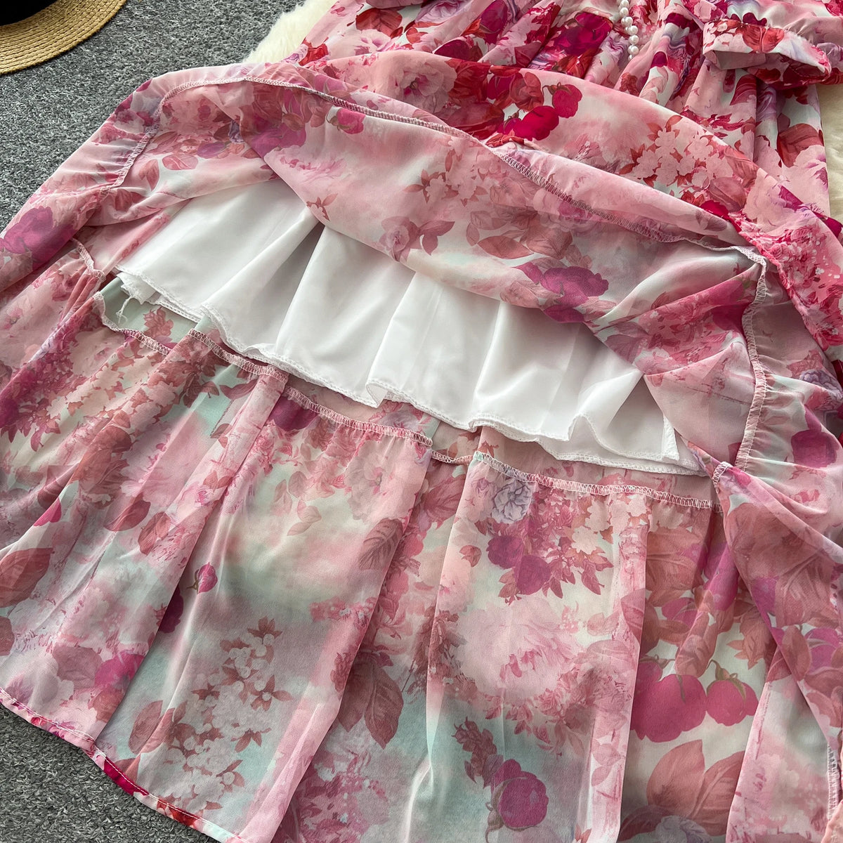 Rhinestone Chain Print Lantern Sleeve Long Dress