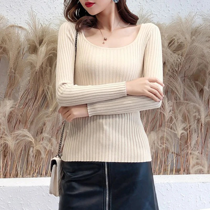 Ribbed Knit Fitted Pullover Sweater