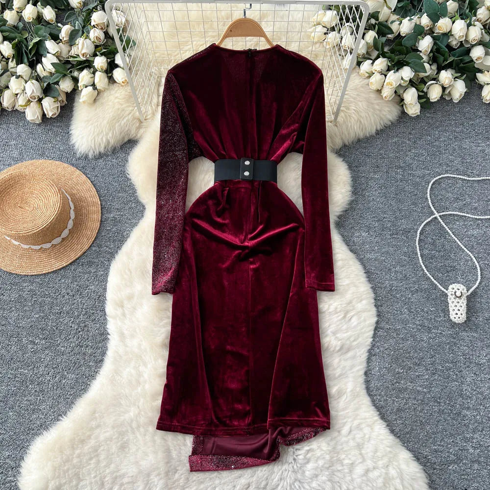 Velvet Paneled Long Sleeve Party Dress
