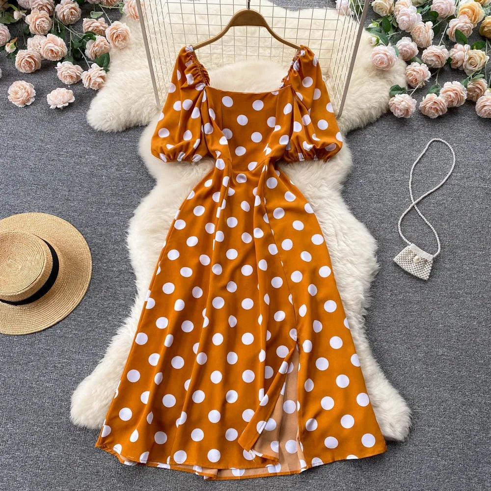 Vintage Polka Dot Puff Sleeve Maxi Dress