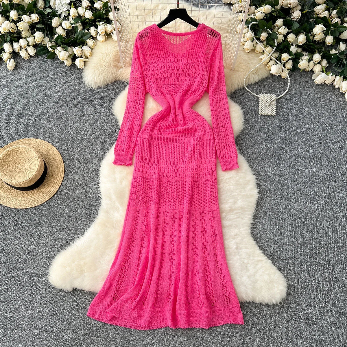 Openwork Knit Long Sleeve Dress