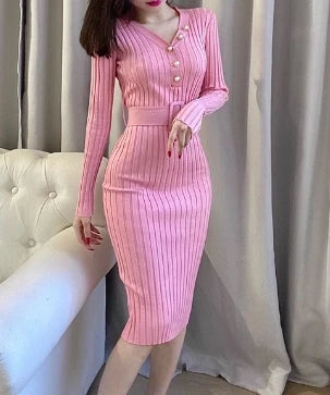 Belted V-Neck Knit Sweater Dress