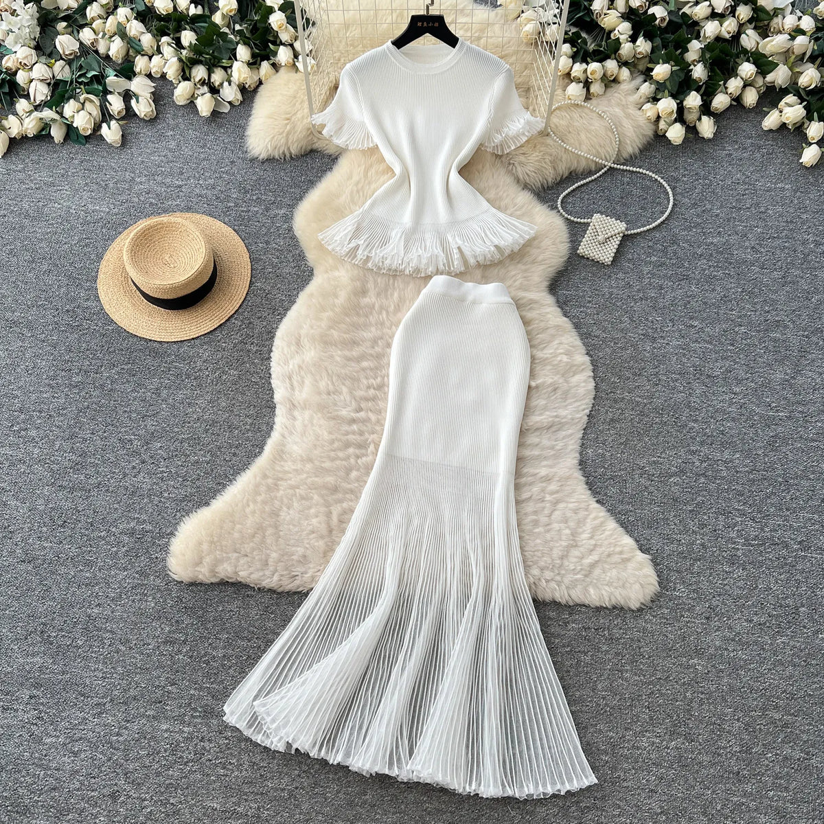 Ruffled Knit Pullover and Trumpet Skirt Set