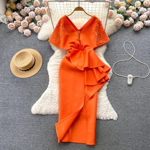 Rhinestone Ruffle V-Neck A-Line Dress