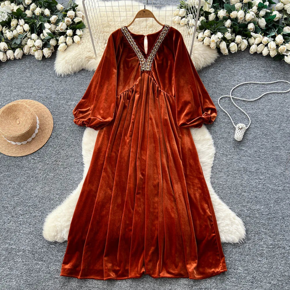 Velvet Lantern Sleeve Loose Dress