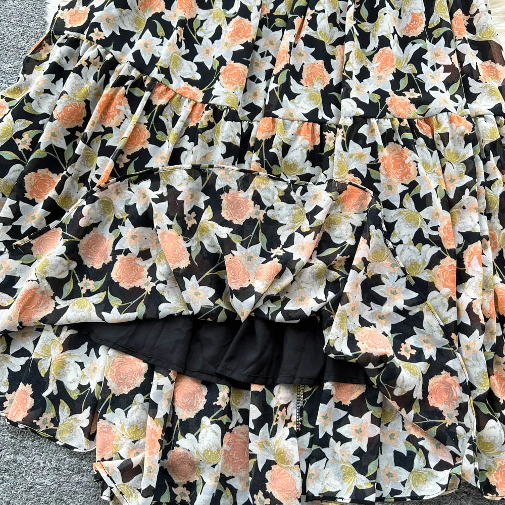 Print Lantern Sleeve High Waist Beach Dress