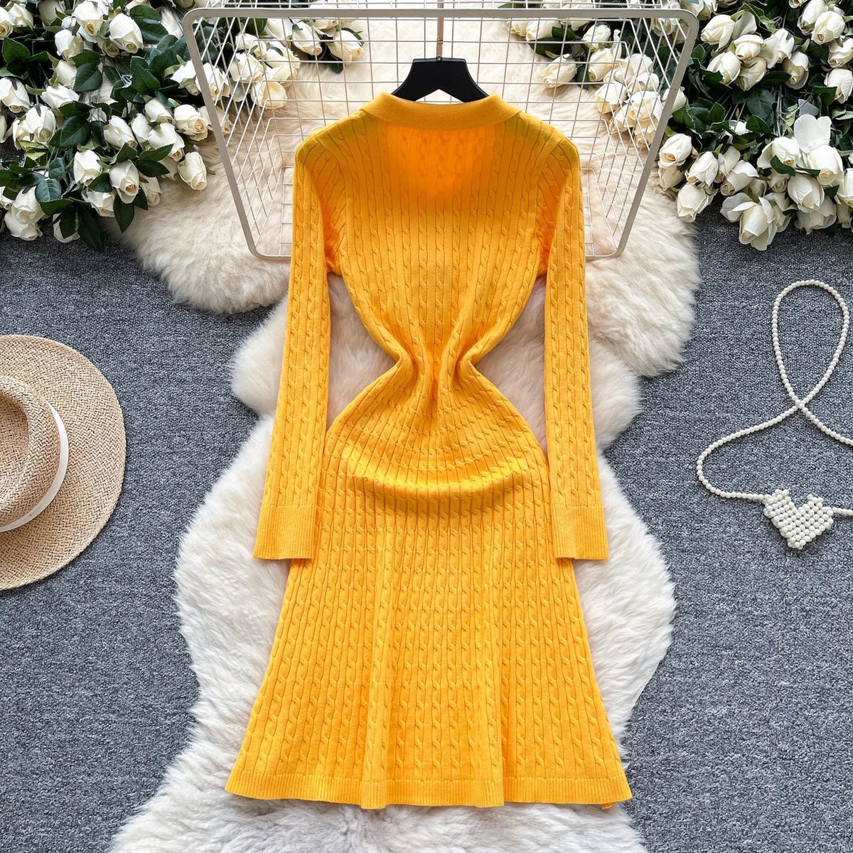 Collared Knit A-Line Shirt Sweater Dress