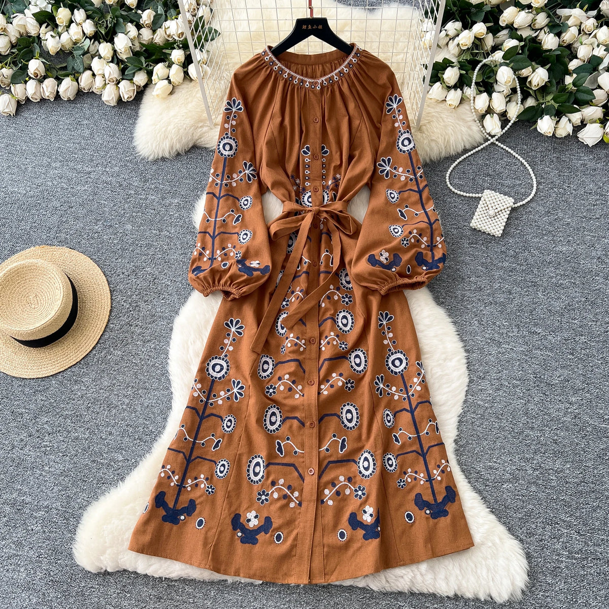 Embroidered Lantern Sleeve Evening Dress
