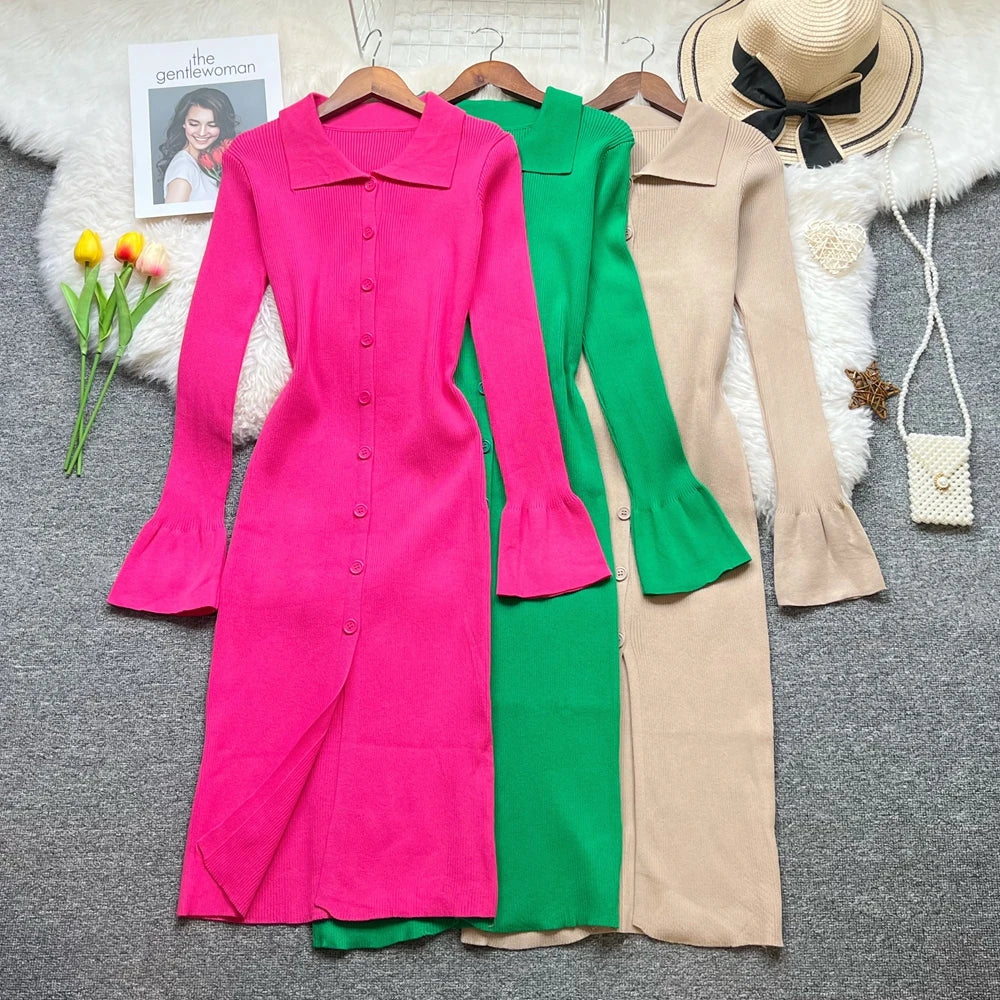 Button-Front Knit Shirt Sweater Dress