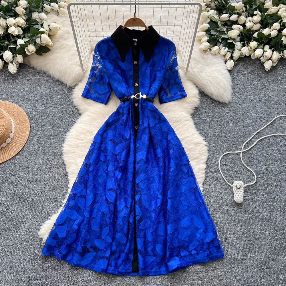 Lace Patchwork Short Sleeve Maxi Dress