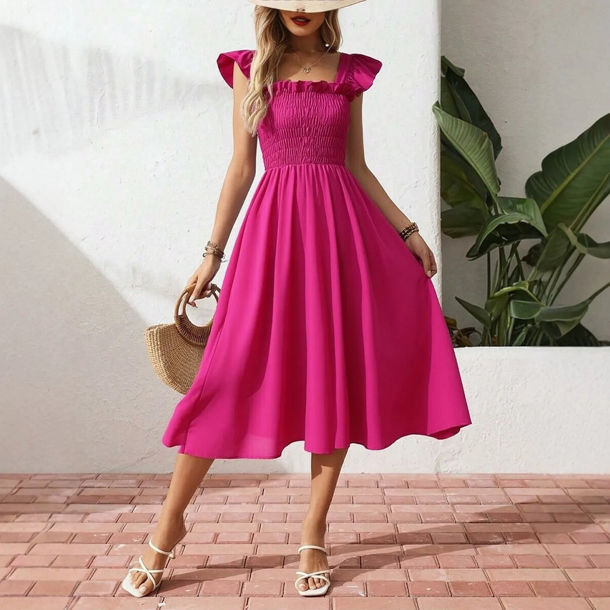 Flare Sleeve Elastic Waist Midi Dress