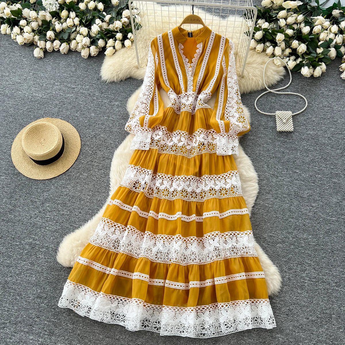 Lantern Sleeve Ruffle Paneled Maxi Dress