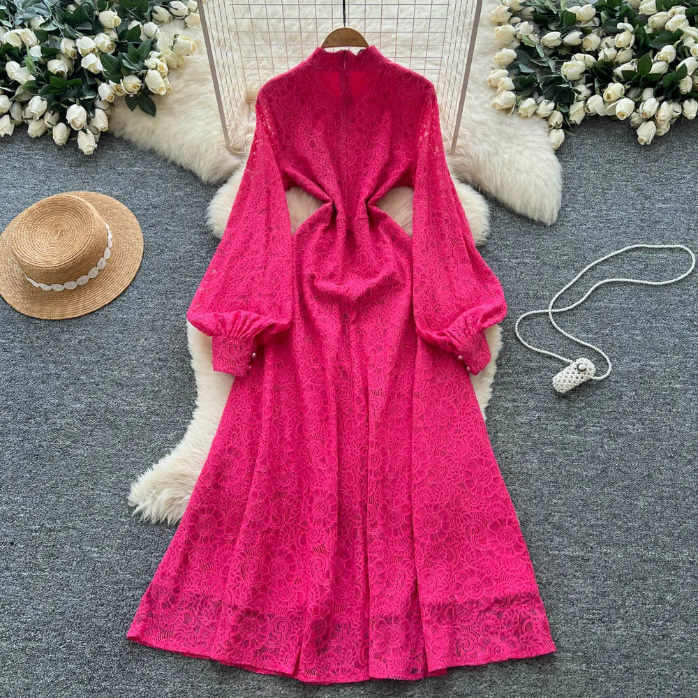 Lace Button-Front Long Sleeve Party Dress