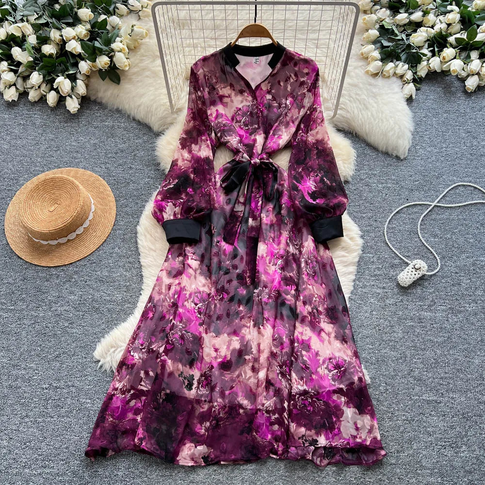 Lace Print Long Sleeve Dress