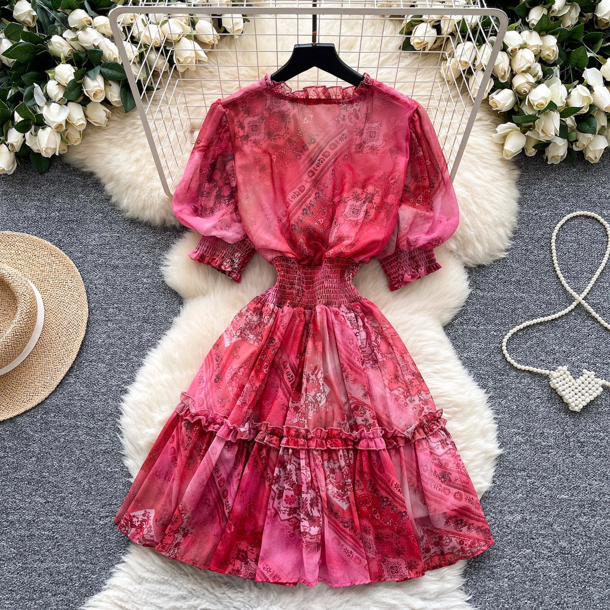 Lettuce Trim Short Sleeve Party Dress