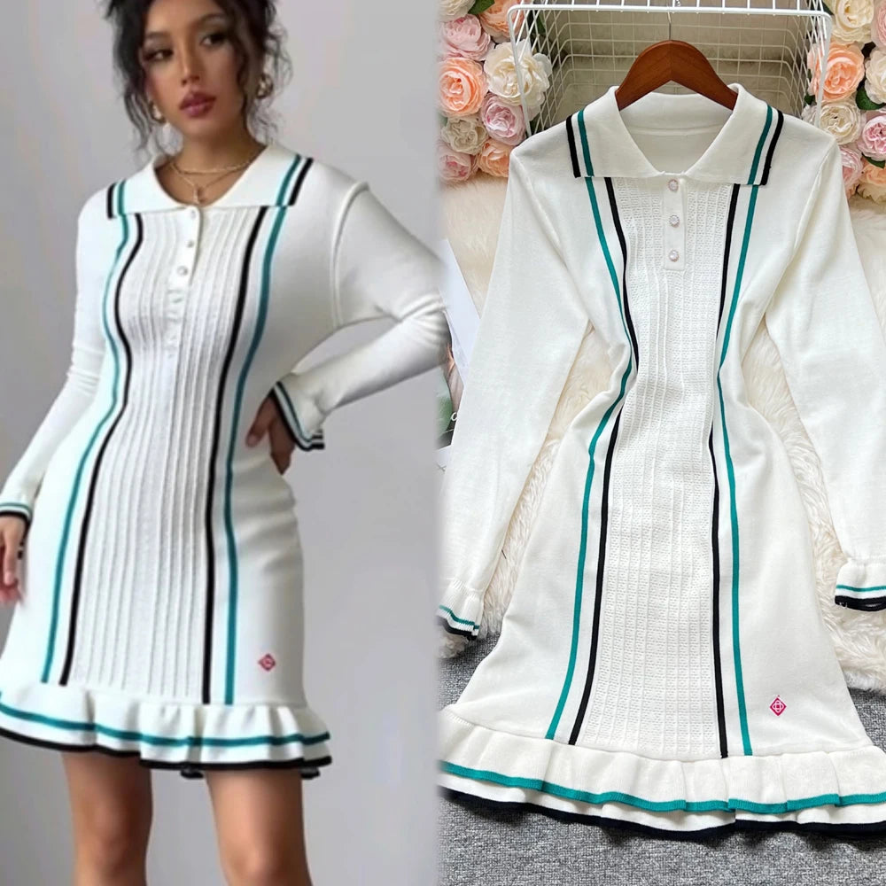 Collared Ruffled Knit Mini Dress