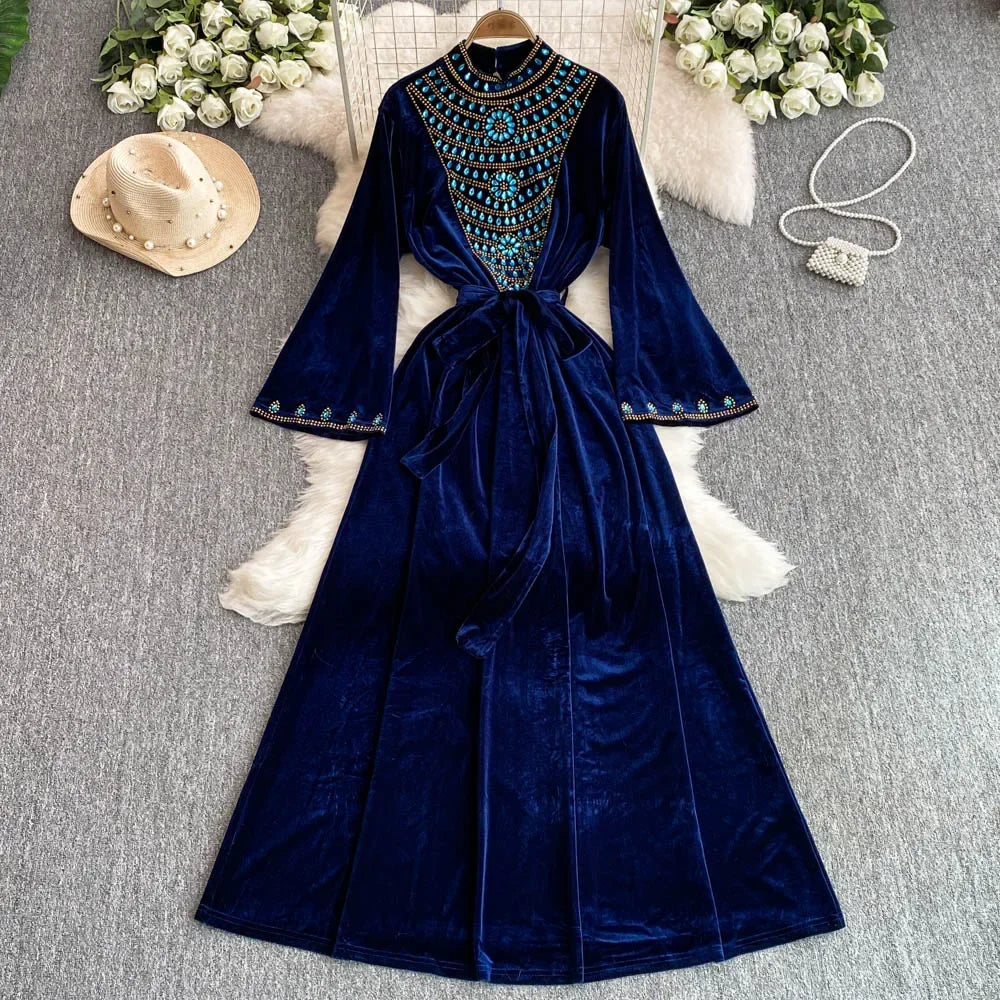 Rhinestone Stand Collar Velvet Bandage Dress
