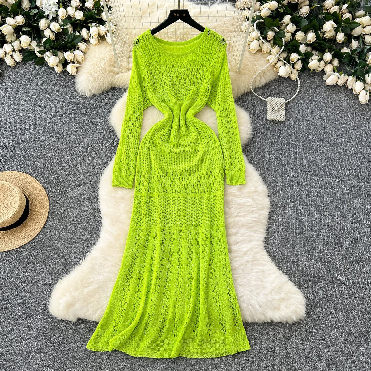 Openwork Knit Long Sleeve Dress