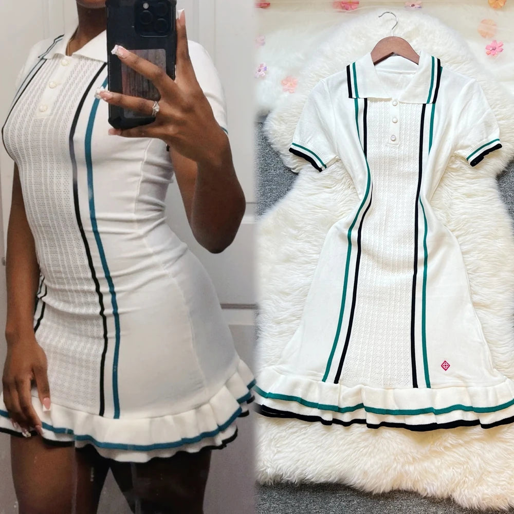 Vintage Collared Ruffled Knit Mini Dress