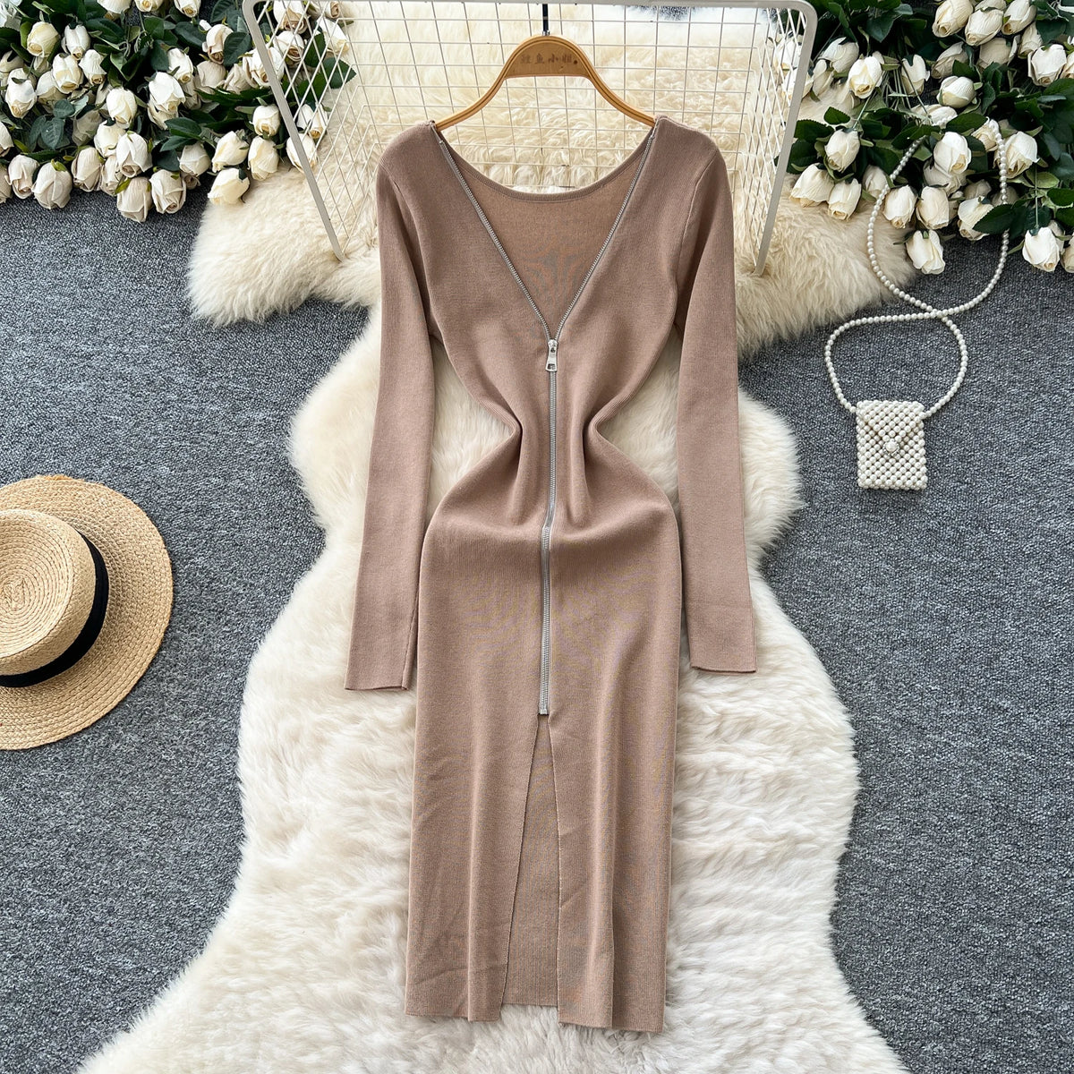 Solid Zip Front Long Sleeve Pencil Dress