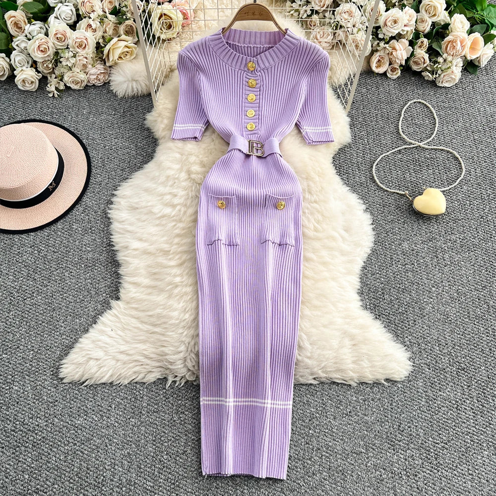 Belted Knit Pencil Maxi Dress